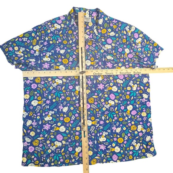 Peanuts Snoopy Charlie Brown Floral Rayon Button Down Shirt Blue Mens XL Camp - Picture 2 of 4